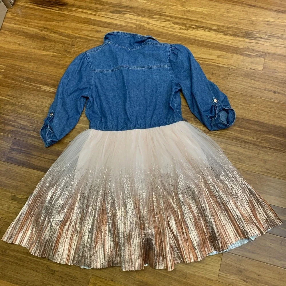 Lilt Denim Top Tulle Skirt Dress Girls Size‎ XL (16) Gold Glitter Pleated Casual